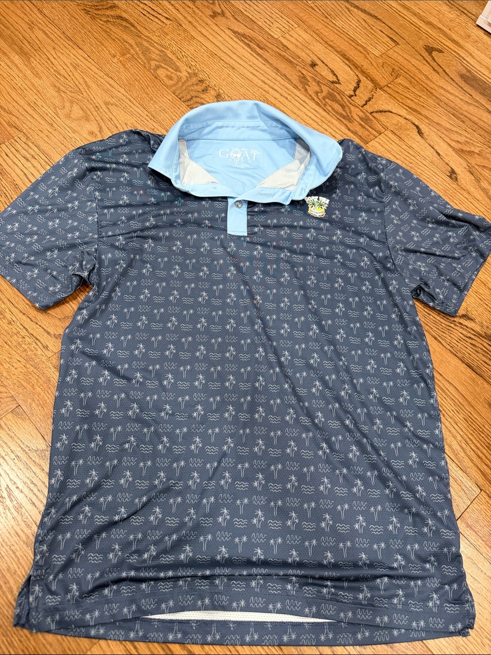 GOAT UsA Men's Navy Palm-Print Polo with Light Blue Collar Size Small
